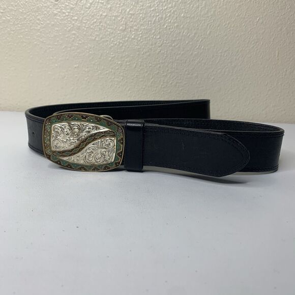 CRUMRINE Western Etched Design Heavy Silver Plated Belt Buckle Black Cowhide - Picture 1 of 6